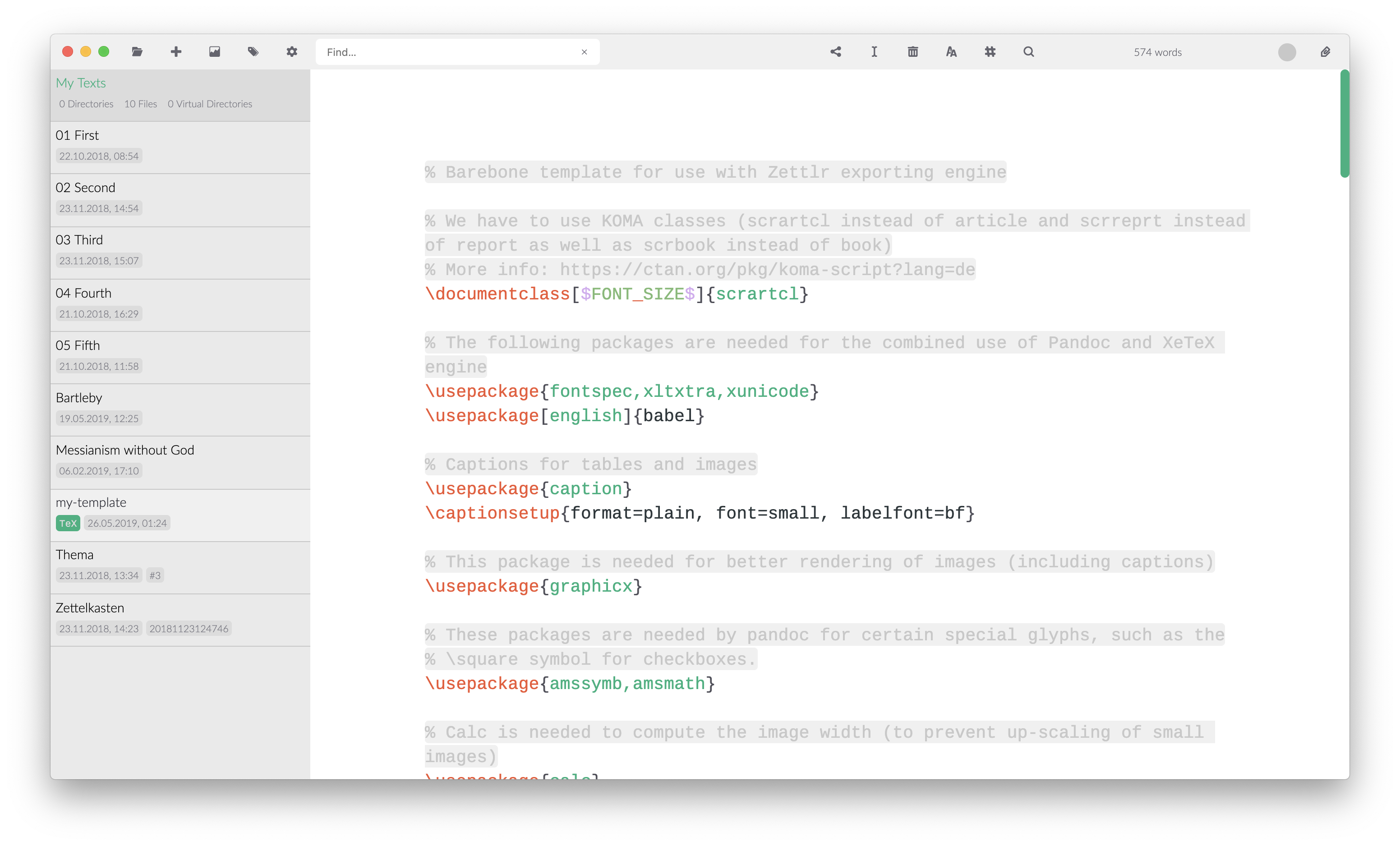 Zettlr with a TeX file open