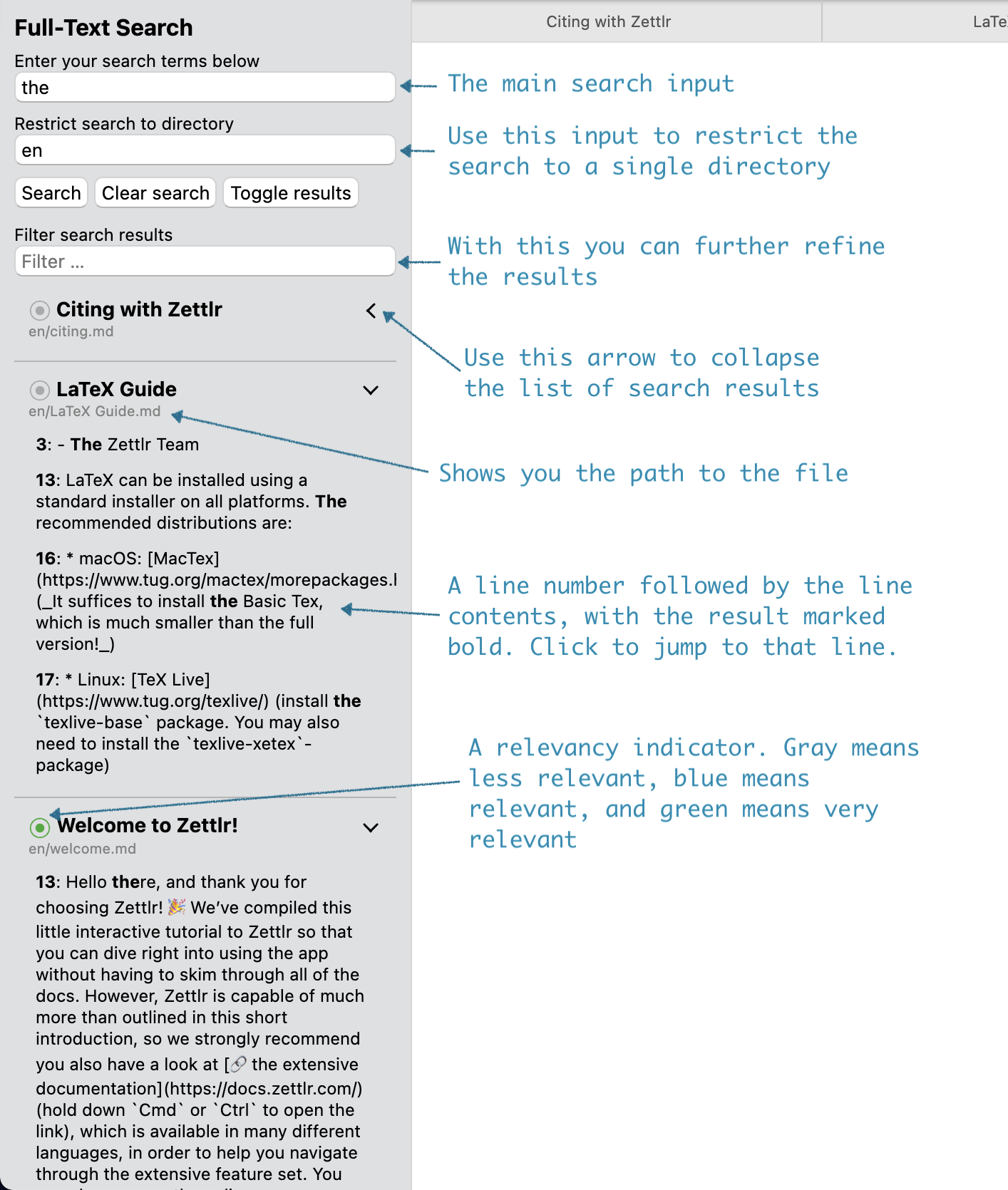La búsqueda de texto completo con explicaciones.