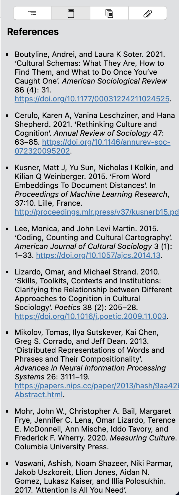 La barra lateral con la segunda pestaña abierta, la sección de referencias