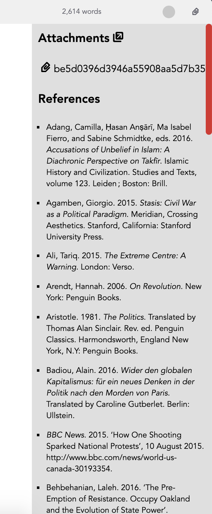 The attachment sidebar with one file and a list of references