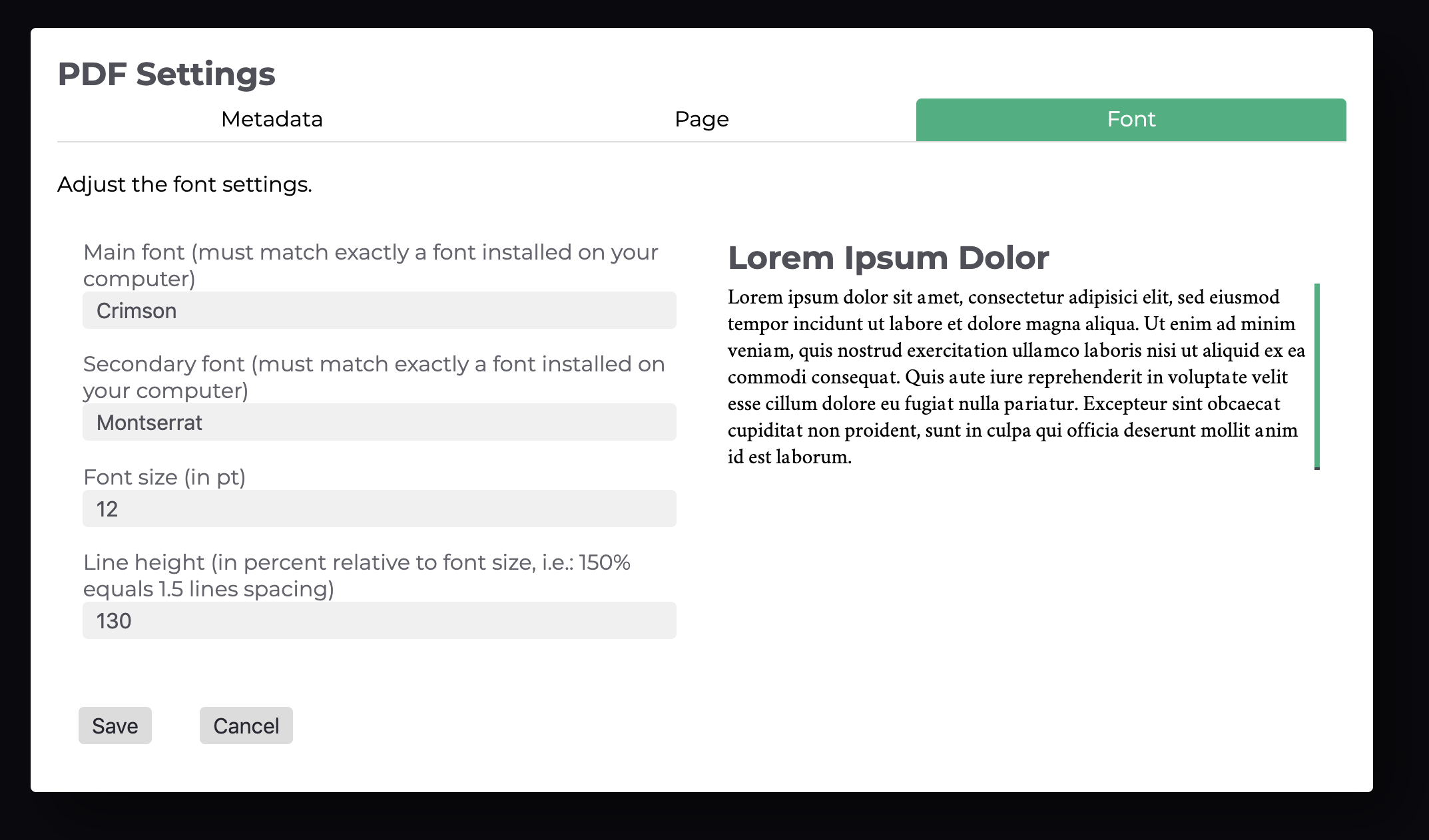 The Font tab of the PDF Settings dialog