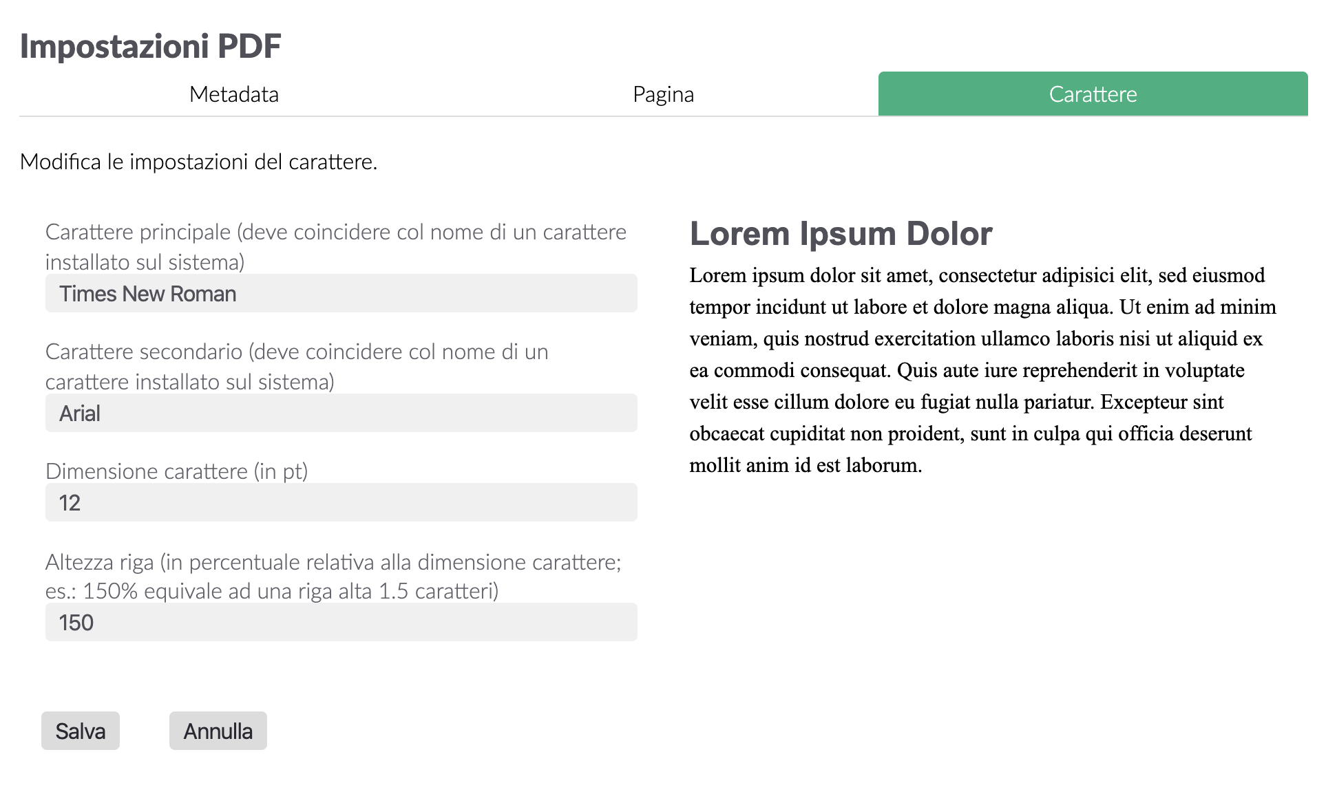 Il pannello Carattere della finestra delle preferenze PDF