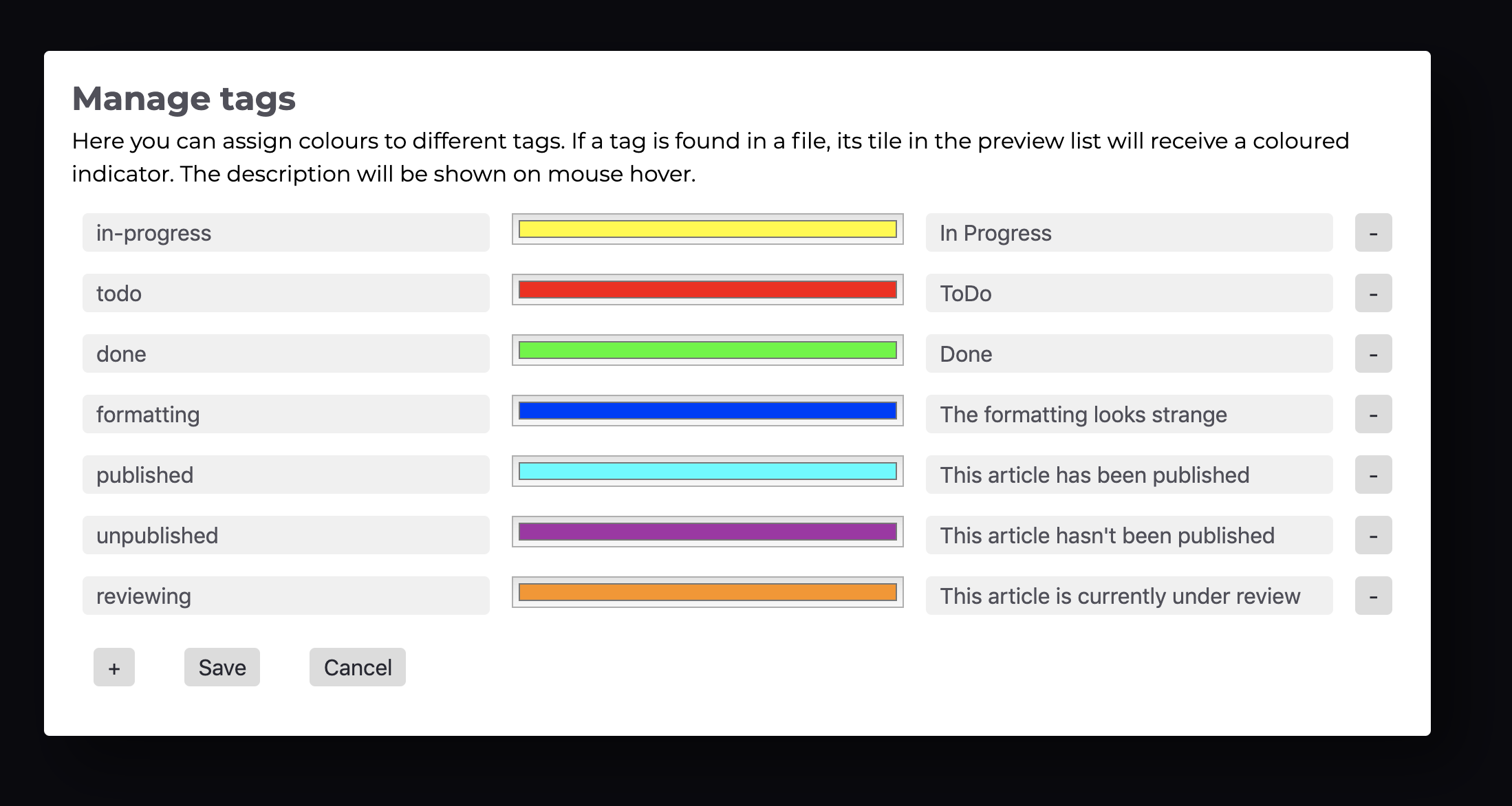 La finestra di gestione Tags